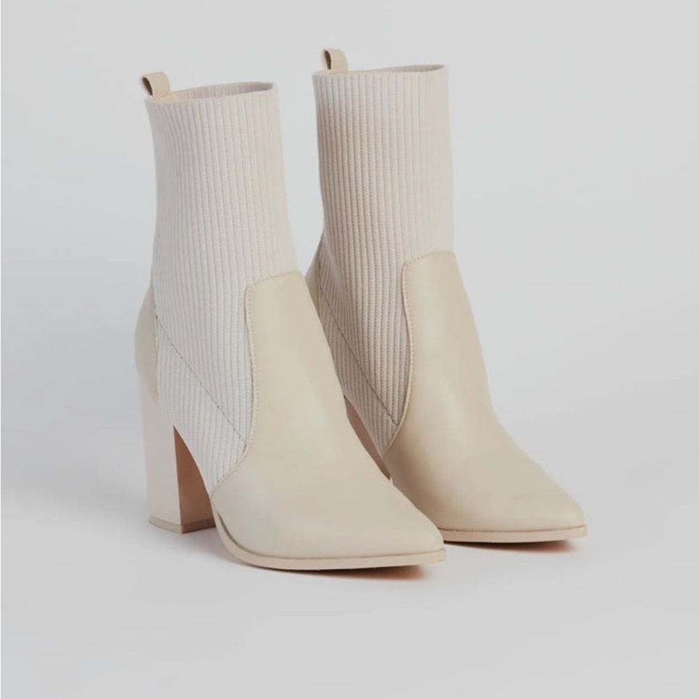 MISS L - HEELED ANKLE POINTED SOCK BOOT WITH RIB DETAIL FAUX LEATHER OFF WHITE